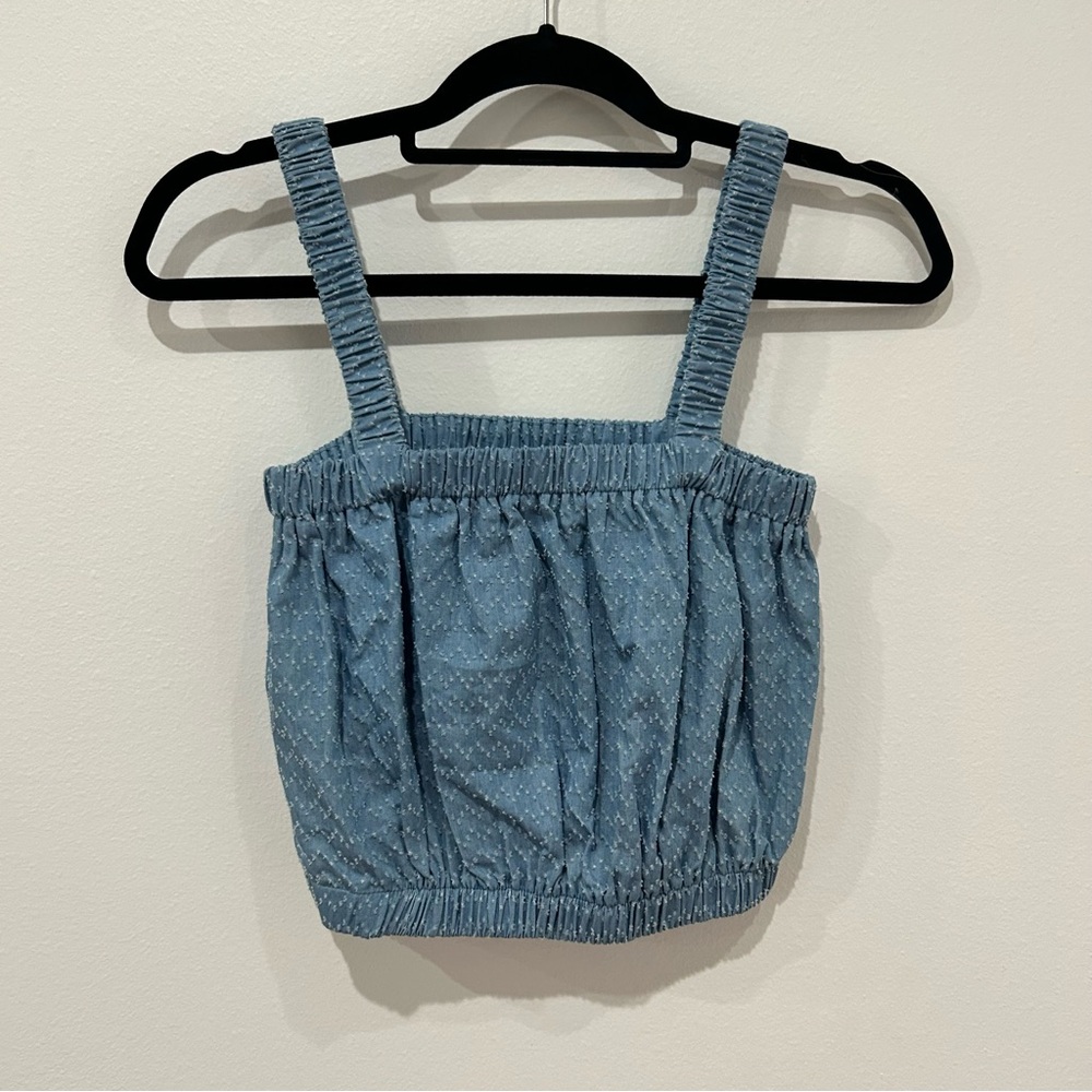 Line and Dot Cropped Chambray Top